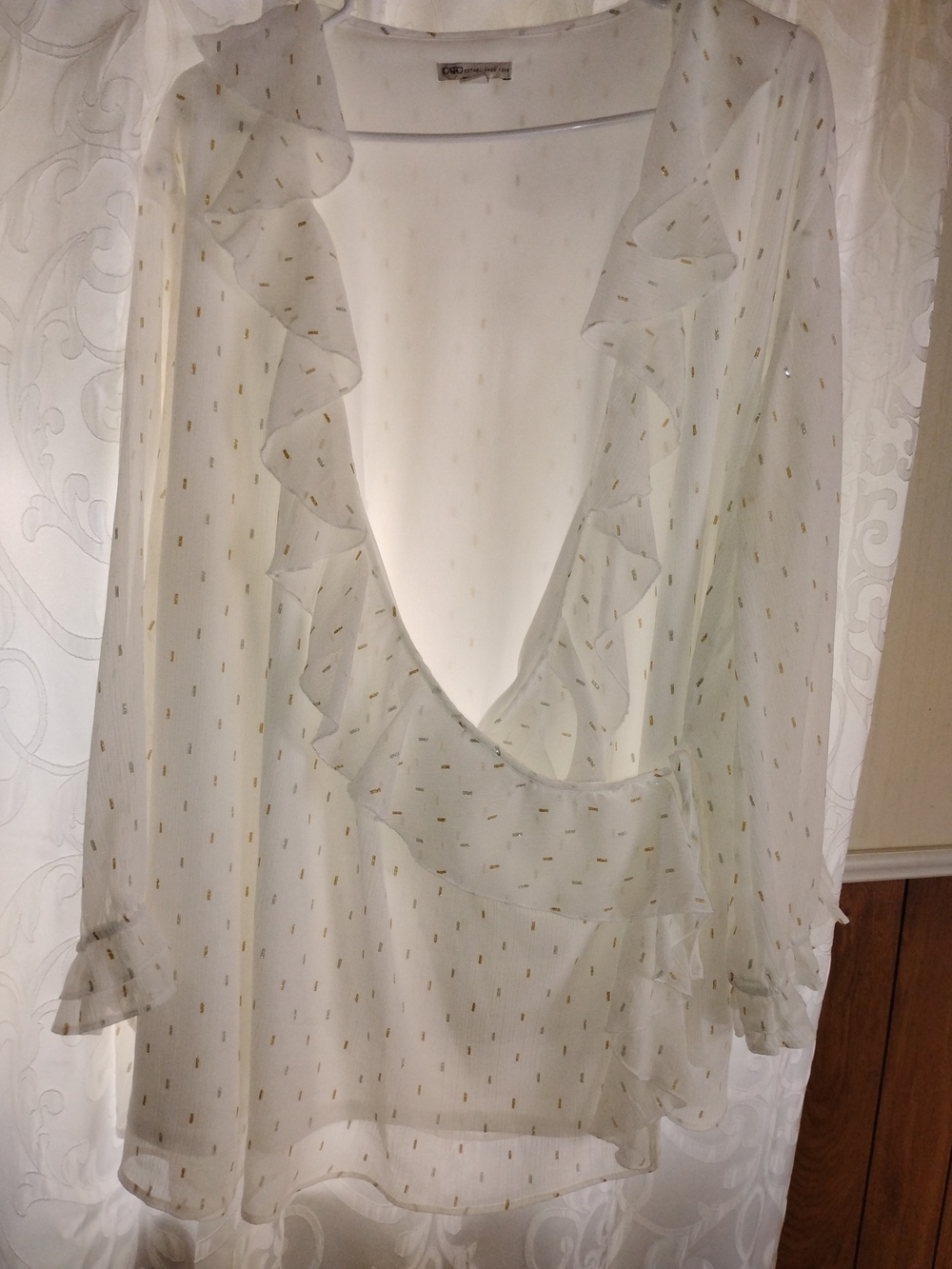 Cato Sheer White Ruffle V-Neck Blouse with Gold Dot Trim